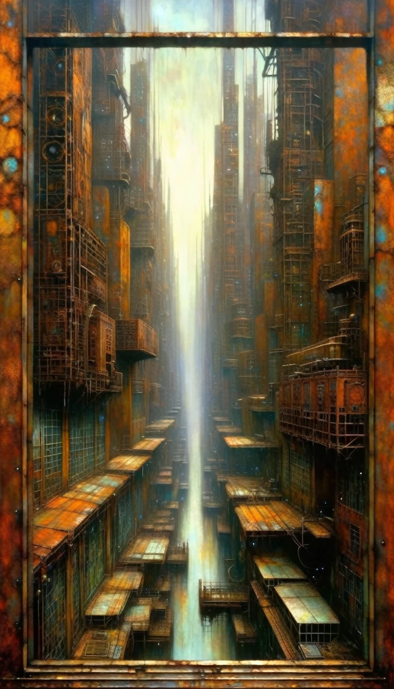 large window in rusty metal room, futuristic city.1.5, rusty metal city, many details (Dave Mckean inspired art, intricate details, oil painting)