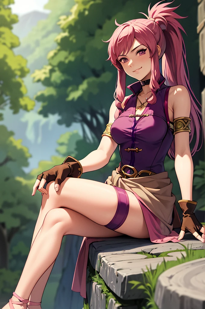 masterpiece, best quality, feMarisa, pink hair, ponytail, armlet, purple dress, see-through, belt, fingerless gloves, sitting, looking at viewer, smirk, alpine forest 