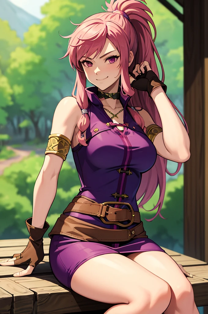 masterpiece, best quality, feMarisa, pink hair, ponytail, armlet, purple dress, see-through, belt, fingerless gloves, sitting, looking at viewer, smirk, alpine forest 