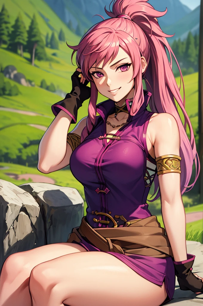 masterpiece, best quality, feMarisa, pink hair, ponytail, armlet, purple dress, see-through, belt, fingerless gloves, sitting, looking at viewer, smirk, alpine forest 