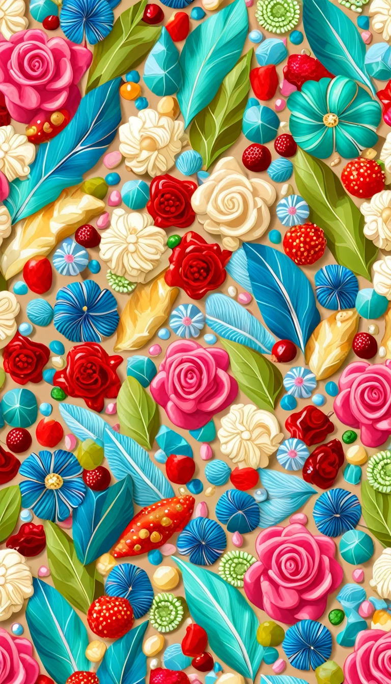 Seas of ((Colorful FEATHER)) (ALOT OF CANDY) In the ((((BLUE BACKGROUND)))) — ocean breeze, sun-bleached driftwood, and a touch of salty sea air. ((GOLDEN stars)) colorful BERRIES, ((WHITE SWEET)) jewels, ((COLORFUL butterfly)), ((GREEN LEAFY FLORA)), (strawberry), BLUE rose, cherry || (embroidery) seamless pattern, fruit, butterfly, diamond, pearls, Best quality, masterpiece, ultra high res, (photo realistic:1.4), surrealism, dream-like, ((abstract art)), vector arts, ((ROSE JEWEL)) a close up of a CANDY pattern, CANDY wallpaper, ornate CANDY, CANDY pattern, CANDY explosion, CANDY! intricate, CANDY JEWELs colorful, chinoiserie pattern, VECTOR wallpaper, CANDY renewal, with colorful JEWELs and plants, CANDY dream, garden JEWELs pattern, CANDY patterned skin, CANDY design, CANDY motives, boho CANDY vines, (8k, RAW photo, best quality, masterpiece:1.2, Sharp image, vector) In the ((((BLUE BACKGROUND))))