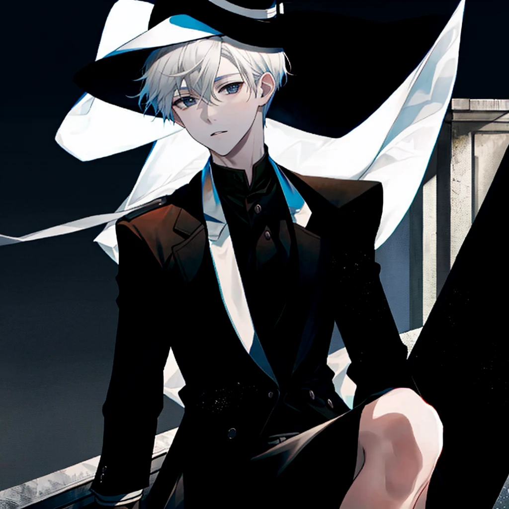 Young man with short white hair wearing a black hat Has blue eyes and wears a black-gray coat. Sitting on the school roof looking at the dark night sky.