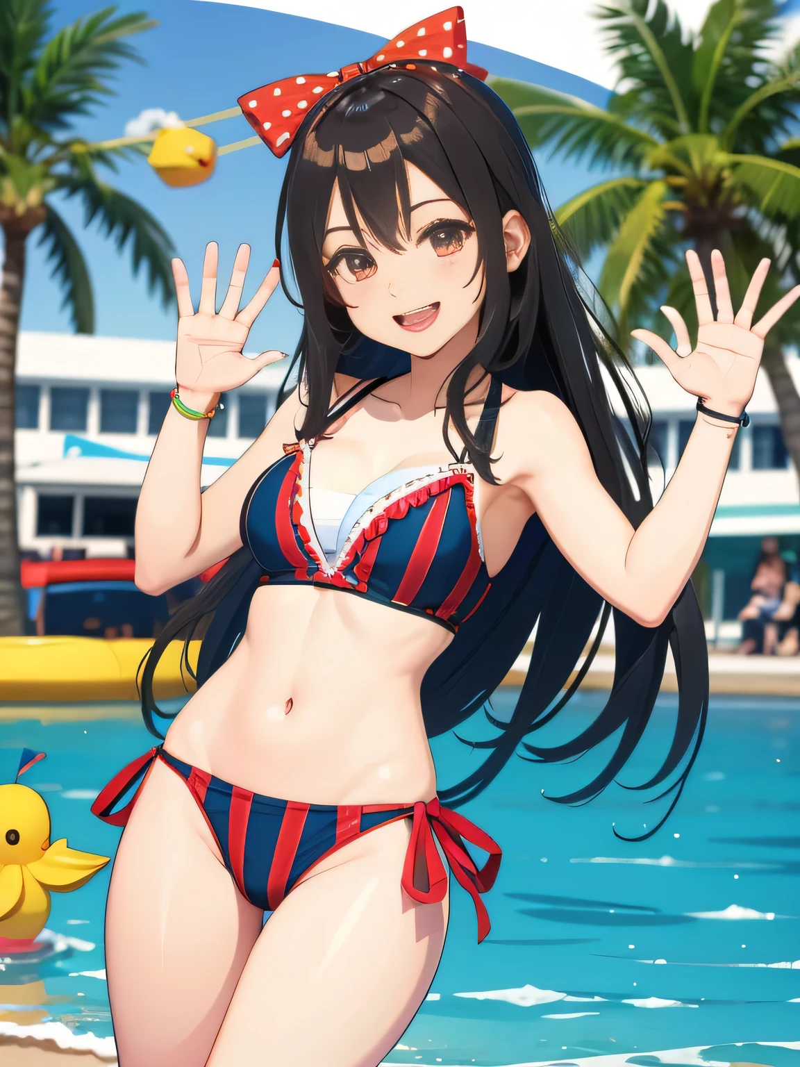  a cheerful girl at a colorful seaside festival. She is wearing a stylish striped bikini with various accessories, including a headband with a flower and bow, and holding a small rubber duck. The background features a lively scene with a rainbow, palm trees, bunting, water splashes, and various decorations, creating a festive and energetic atmosphere. The girl is posing playfully with a big smile, surrounded by bright colors and dynamic elements, capturing the joy and excitement of the festival.