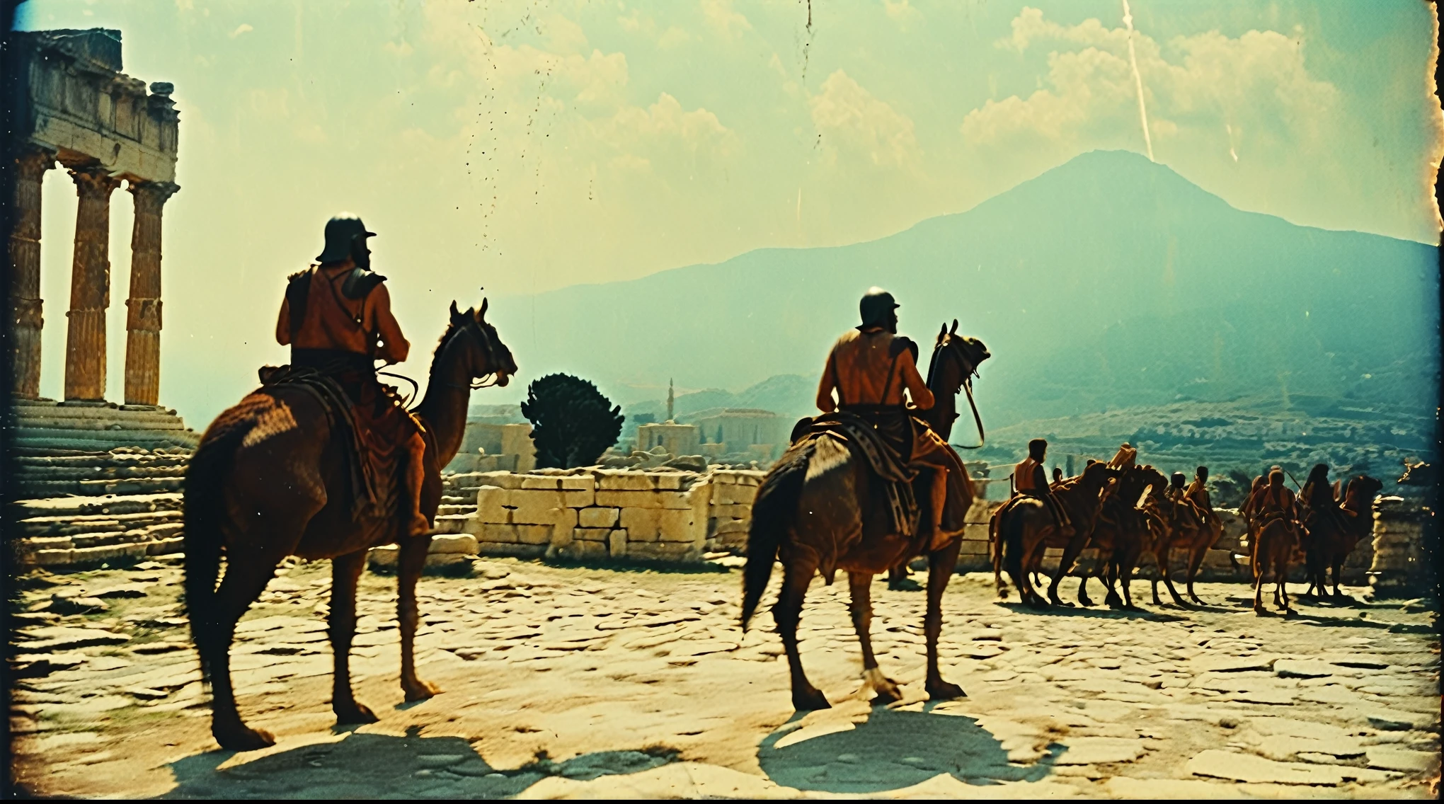 grainy old 35mm vintage, there is a large ancient roman city with people riding dinosaurs, Ancient Greece Olympus Zeus-god appearing in god-ray, vast scenery