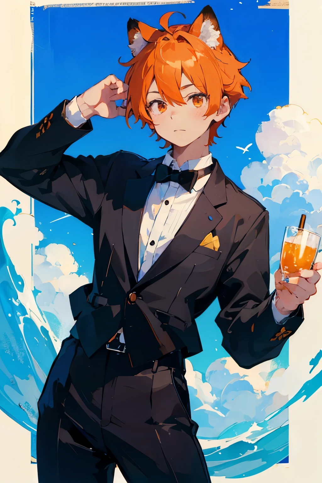 Shiba Inu,Personification,Boys,Boyish,Orange Hair,Orange pointed ears,Wear a black bow tie,Blue gradient background