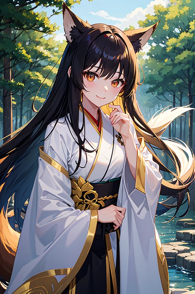 Dark hair golden eyes、Fox ears and fox tail、A seductive smile、Girl、White kimono、night、forest、Upper Body
