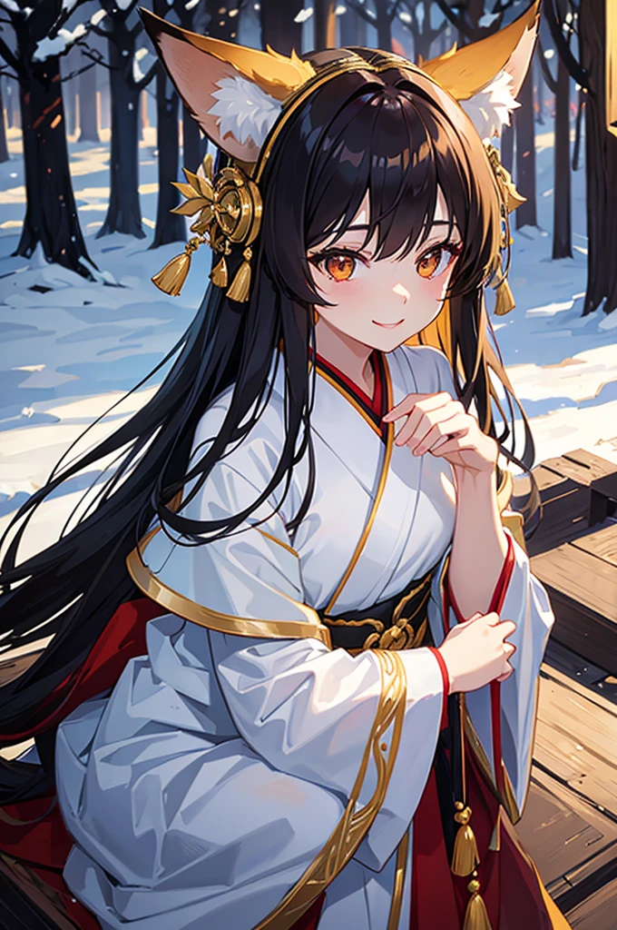 Dark hair golden eyes、Fox ears and fox tail、A seductive smile、Girl、White kimono、night、forest、Upper Body