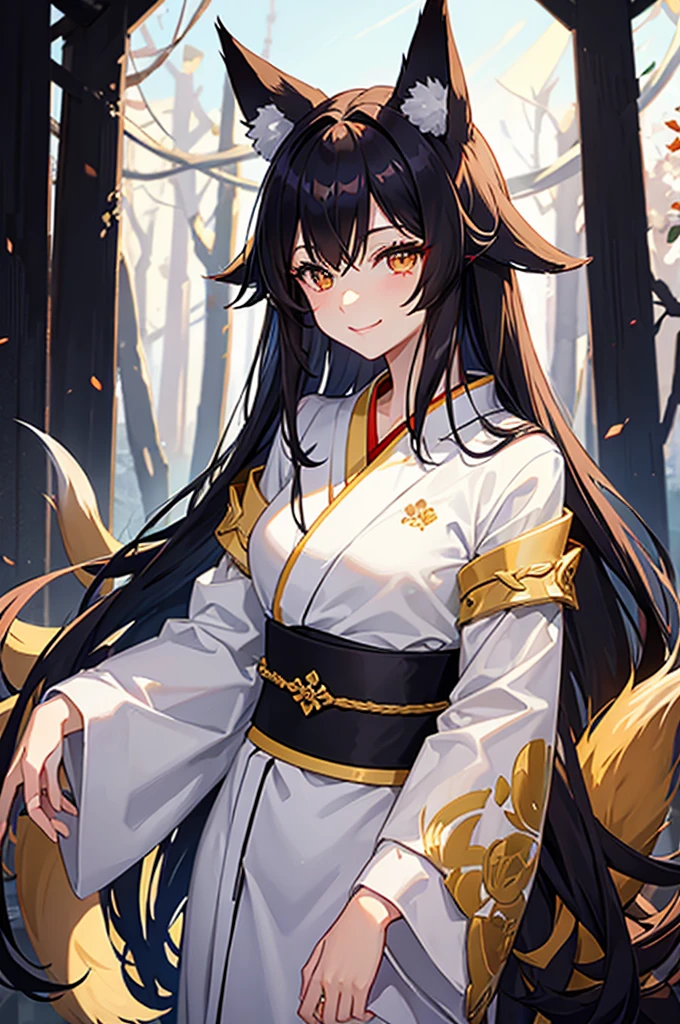 Dark hair golden eyes、Fox ears and fox tail、A seductive smile、Girl、White kimono、night、forest、Upper Body