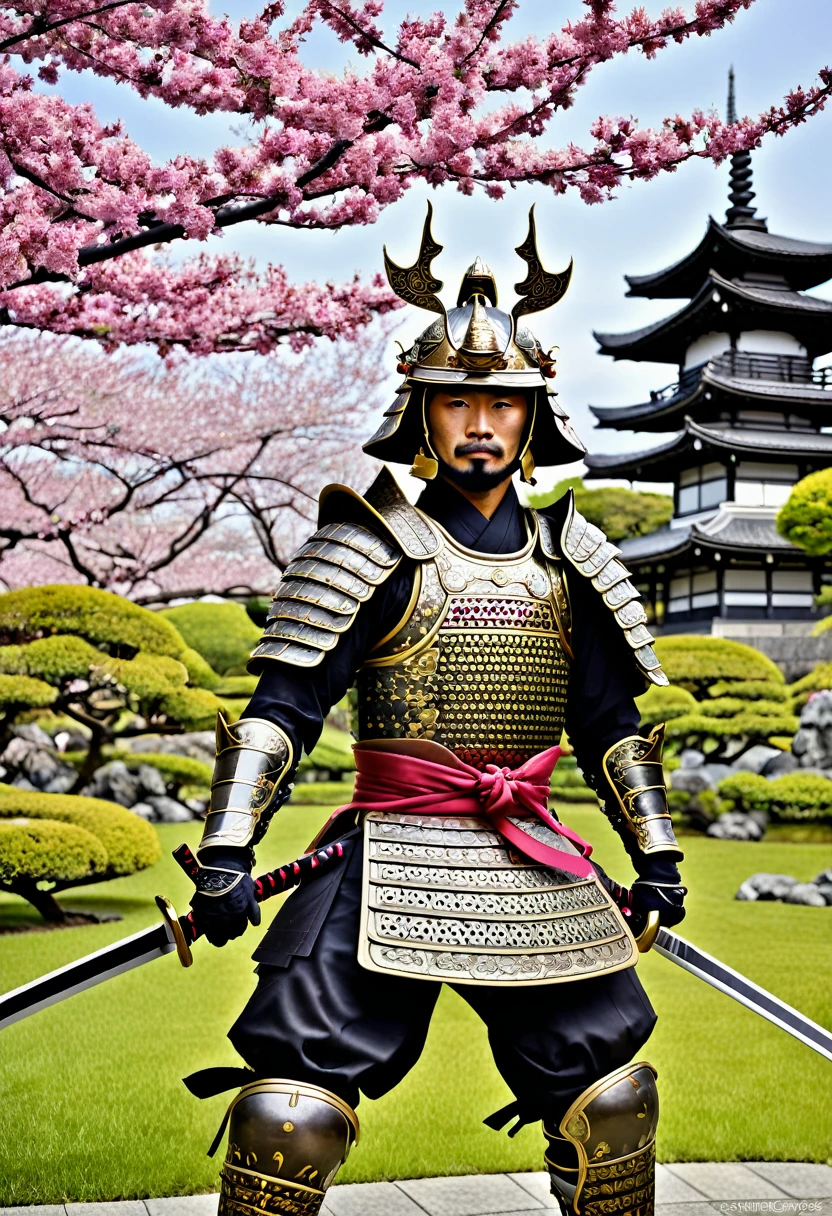 "Create an image of a Japanese samurai knight inspired by Arjuna from Indonesian wayang. He should have traditional samurai armor with a Javanese warrior's elegance, including a katana and an intricate helmet. The background should feature a serene Japanese garden with cherry blossoms and a pagoda."
