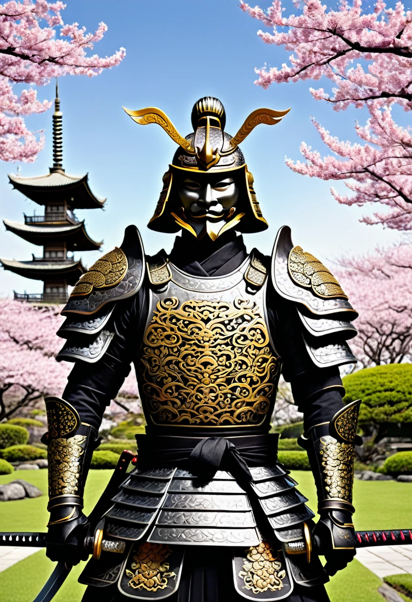 "Create an image of a Japanese samurai knight inspired by Arjuna from Indonesian wayang. He should have traditional samurai armor with a Javanese warrior's elegance, including a katana and an intricate helmet. The background should feature a serene Japanese garden with cherry blossoms and a pagoda."