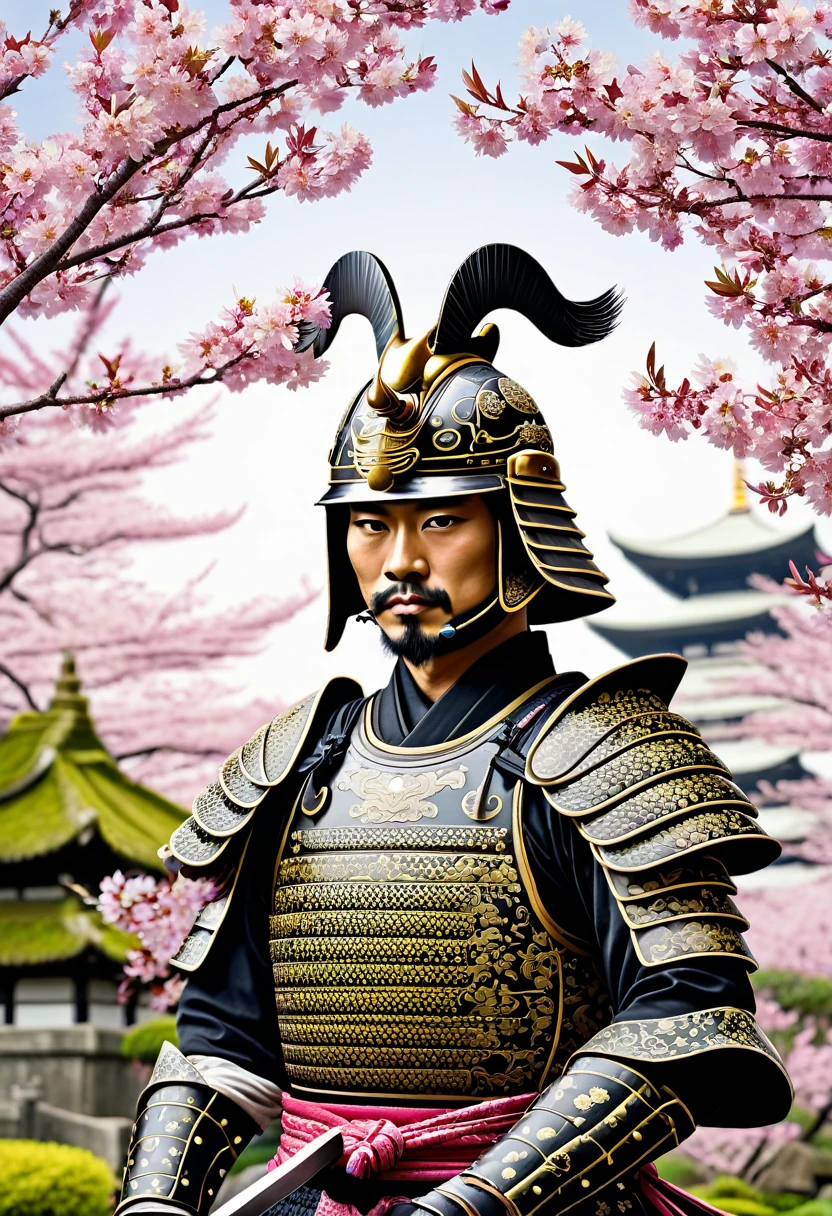 "Create an image of a Japanese samurai knight inspired by Arjuna from Indonesian wayang. He should have traditional samurai armor with a Javanese warrior's elegance, including a katana and an intricate helmet. The background should feature a serene Japanese garden with cherry blossoms and a pagoda."
