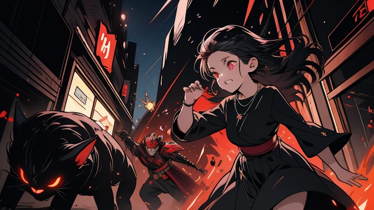 colorful flat illustration classical animes, Fierce anime girl with long black hair, glowing red and glowing red eyes wearing a all black mini dress and necklace, engaged in an intense battle against a small black monsters. She releases a burst of energy, pushing the demon away from the . within the devastated interior of a modern shopping mall store at night. The dynamic, action-filled scene is rendered in a colorful, flat illustration style inspired by Japanese artists, featuring blood and bold black outlines., draw art style influenced by japanese artists, niji, black outlines ultra-detailed, 8k, , dramatic lighting, cinematic, highly detailed face, elegant, intricate details, vibrant colors, dramatic shadows, hyper-realistic, masterpiece,