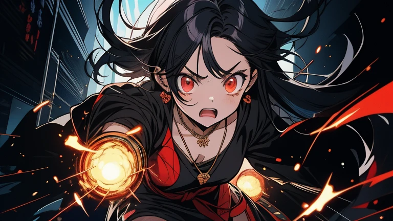 colorful flat illustration classical animes, Fierce anime girl with long black hair, glowing red and glowing red eyes wearing a all black mini dress and necklace, engaged in an intense battle against a small black monsters. She releases a burst of energy, pushing the demon away from the . within the devastated interior of a modern shopping mall store at night. The dynamic, action-filled scene is rendered in a colorful, flat illustration style inspired by Japanese artists, featuring blood and bold black outlines., draw art style influenced by japanese artists, niji, black outlines ultra-detailed, 8k, , dramatic lighting, cinematic, highly detailed face, elegant, intricate details, vibrant colors, dramatic shadows, hyper-realistic, masterpiece,