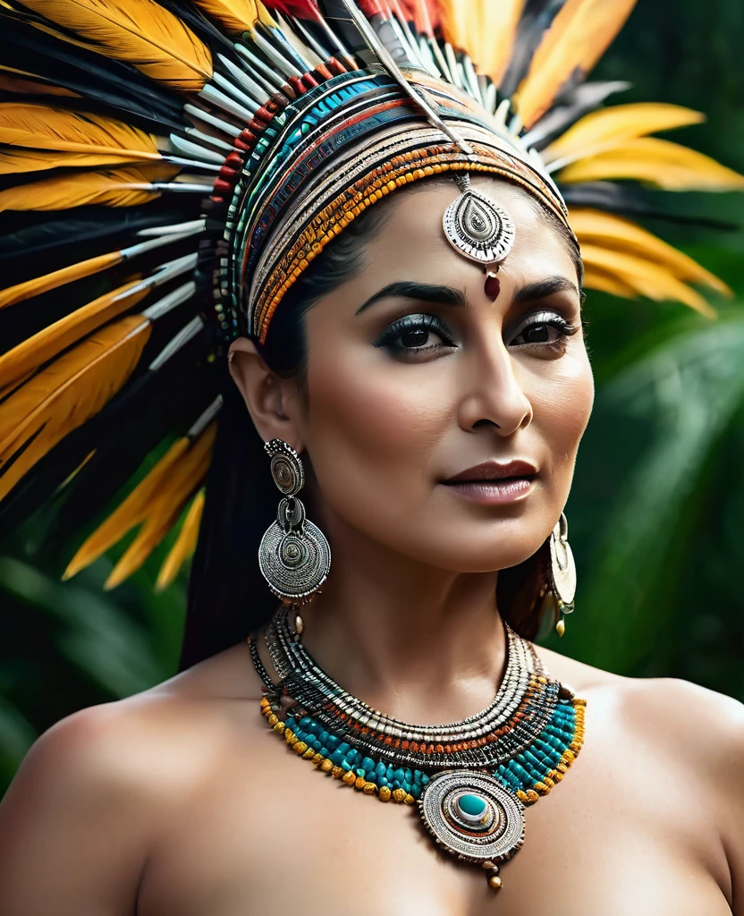 Foto RAW, skin glistening by sweat, looks like Kareena Kapoor, thick figure, curvy, milf, 50 years old Woman, tattoo in the middle of her breast, with realistic Indian headdress , tribal girl, stunning looks, tribal headdress, tattoos, colourful tribal tattoos, tribal white girl, Polynesian tribe, best quality , best cinematic colour grading, detailed lighting, high resolution , (pele altamente detalhada: 1.2), 8k UHD, DSLR, soft-lighting, alta qualidade, grain of film, Fujifilm XT3, highly detailed armpits, armpits hair, fully naked, nipples covered by hai, skin pores, skin texture, high quality skin, fully nude, showing , biting lower lips