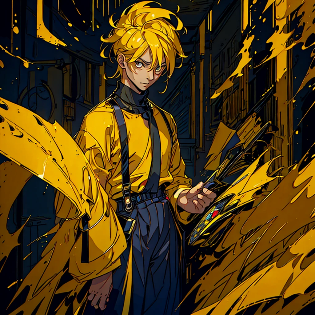 1boy, 1person, alone, 25 years old, yellow hair, golden eyes, insister sur les reflets des yeux dorés, cheveux blonds, mid lenght hair, boss, formal business outfit, yellow outfit, yellow clothes, black suspenders, arrogant look, Jen Zee style, bureaucratic themed, modern look, work fashion, bureau clothes, bureau, desk, work furniture, yellow themed image, yellow furniture, mustard touches of olor, mustard colored walls, kim goo character, kim goo inspiration, kim goo lookism, kim goo manager kim, looking at viewer, flower of the cult vagabondart1 style, vagabondart1 instagram, khoffi art style, khoffi style, khoffi instagram