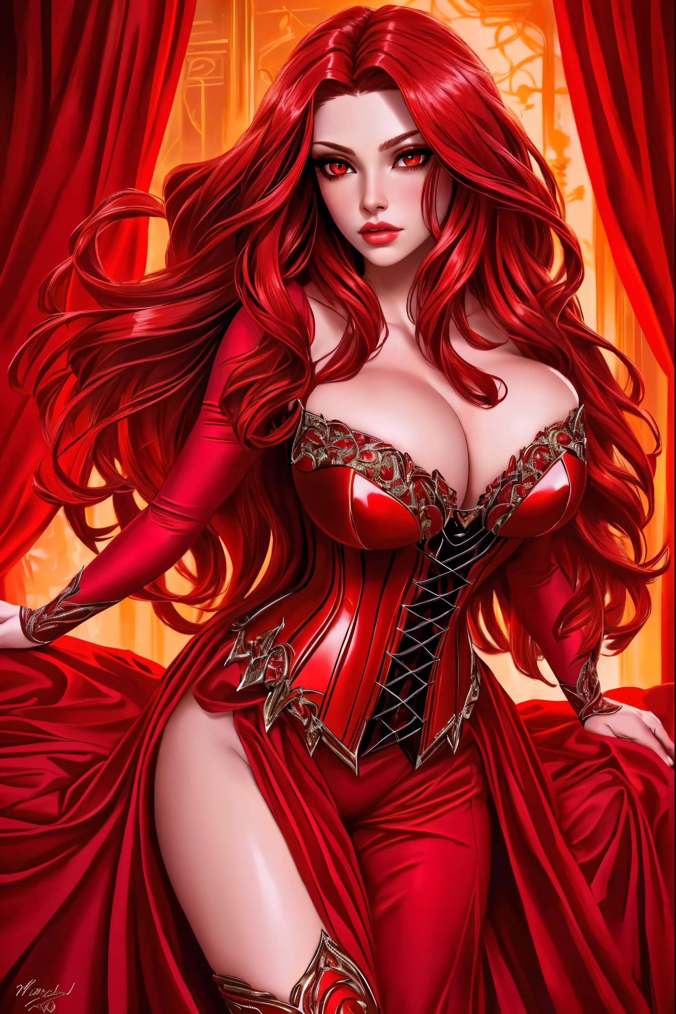 a woman with long crimson hair, wearing a long, intricate corset, beautiful detailed eyes, beautiful detailed lips, extremely detailed face, longeyelashes, elegant pose, graceful movement, breathtaking, detailed and realistic, oil painting, dramatic lighting, warm color palette, cinematic composition, masterpiece, 8k, high quality, Scarlet Witch, (((red eyes)))