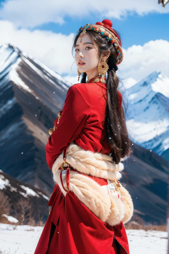(masterpiece, best quality:1.2),red Tibetan clothing,1 Tibetan girl, blue sky, cloud, cloudy sky, day, earrings,Plush hat, horizon,Tibetan Earrings,jewelry,necklace, lips,snow mountain, outdoors, parted lips, red lips, solo, upper body,from back,towering hips,butt crack