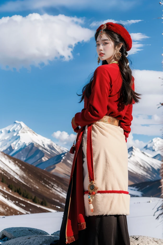(masterpiece, best quality:1.2),red Tibetan clothing,1 Tibetan girl, blue sky, cloud, cloudy sky, day, earrings,Plush hat, horizon,Tibetan Earrings,jewelry,necklace, lips,snow mountain, outdoors, parted lips, red lips, solo, upper body,from back,towering hips,butt crack