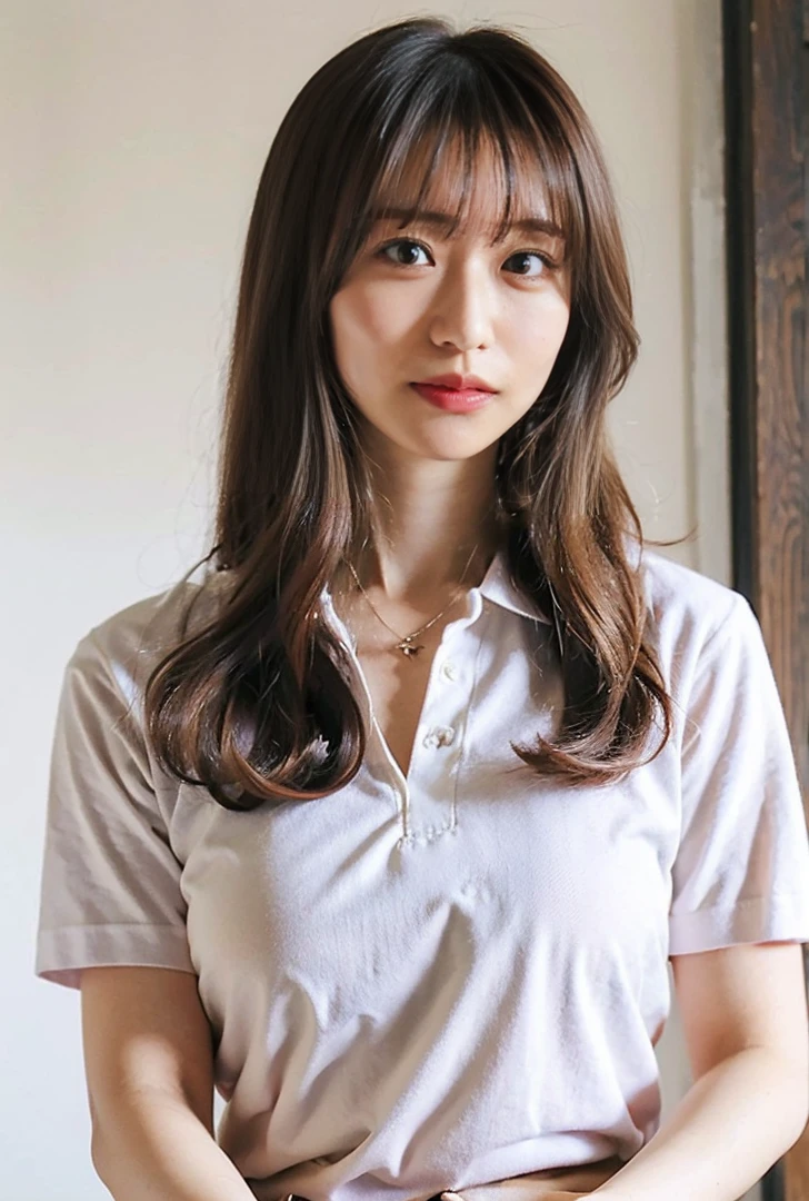 ((Both hands are in front of the navel、A photo of her panties showing through a short polo shirt、Hands roll up shirt、She is wearing a navy polo shirt and luxurious white panties.、:1.4))、Being in the living room、Length cream hair color、Her huge breasts are obvious even through her clothes..、Small earrings、Light brown hair color、:1.4))、Shiny Hair、Light beige hair color、Background Blur、Light brown hair、{{Cowgirl Shot}}、((Close-up shot from the waist up、Big Breasts:1.4))、Big Breasts、にっこりsmile、服からでも分かるBig Breasts、Cowboy Shot、素敵なsmile、((Revealing clothing))、Full body photo、ring、Tuck your hair behind one ear、Silver Necklace、smile、Caustics、Highly detailed photos、Big Breasts、Super no makeup、(8K、RAW Photos、Highest quality、masterpiece:1.2)、(Realistic、Realistic)、1 Girl、((Big Breastsショートヘア、Looking into the camera:1.4))、Hair blowing in the wind