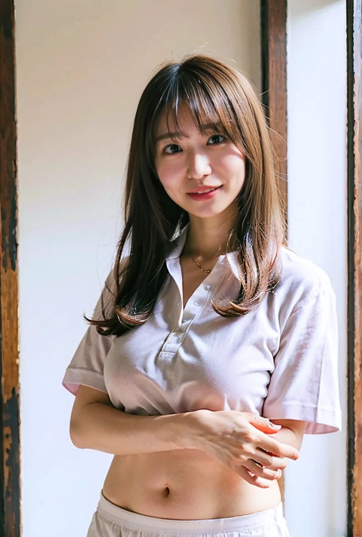 ((Both hands are in front of the navel、A photo of her panties showing through a short polo shirt、Hands roll up shirt、She is wearing a navy polo shirt and luxurious white panties.、:1.4))、Being in the living room、Length cream hair color、Her huge breasts are obvious even through her clothes..、Small earrings、Light brown hair color、:1.4））、Shiny Hair、Light beige hair color、Background Blur、Light brown hair、｛｛Cowgirl Shot｝｝、（（Close-up shot from the waist up、Big Breasts:1.4））、Big Breasts、にっこりsmile、服からでも分かるBig Breasts、Cowboy Shot、素敵なsmile、（（Revealing clothing））、Full body photo、ring、Tuck your hair behind one ear、Silver Necklace、smile、Caustics、Highly detailed photos、Big Breasts、Super no makeup、(8K、RAW Photos、Highest quality、masterpiece:1.2)、(Realistic、Realistic)、1 Girl、((Big Breastsショートヘア、Looking into the camera:1.4))、Hair blowing in the wind
