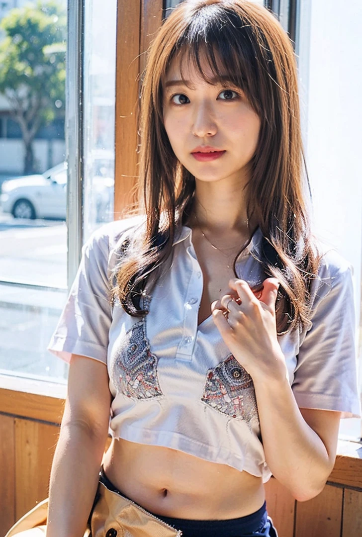 ((Both hands are in front of the navel、A photo of her panties showing through a short polo shirt、Hands roll up shirt、She is wearing a navy polo shirt and luxurious white panties.、:1.4))、Being in the living room、Length cream hair color、Her huge breasts are obvious even through her clothes..、Small earrings、Light brown hair color、:1.4））、Shiny Hair、Light beige hair color、Background Blur、Light brown hair、｛｛Cowgirl Shot｝｝、（（Close-up shot from the waist up、Big Breasts:1.4））、Big Breasts、にっこりsmile、服からでも分かるBig Breasts、Cowboy Shot、素敵なsmile、（（Revealing clothing））、Full body photo、ring、Tuck your hair behind one ear、Silver Necklace、smile、Caustics、Highly detailed photos、Big Breasts、Super no makeup、(8K、RAW Photos、Highest quality、masterpiece:1.2)、(Realistic、Realistic)、1 Girl、((Big Breastsショートヘア、Looking into the camera:1.4))、Hair blowing in the wind

