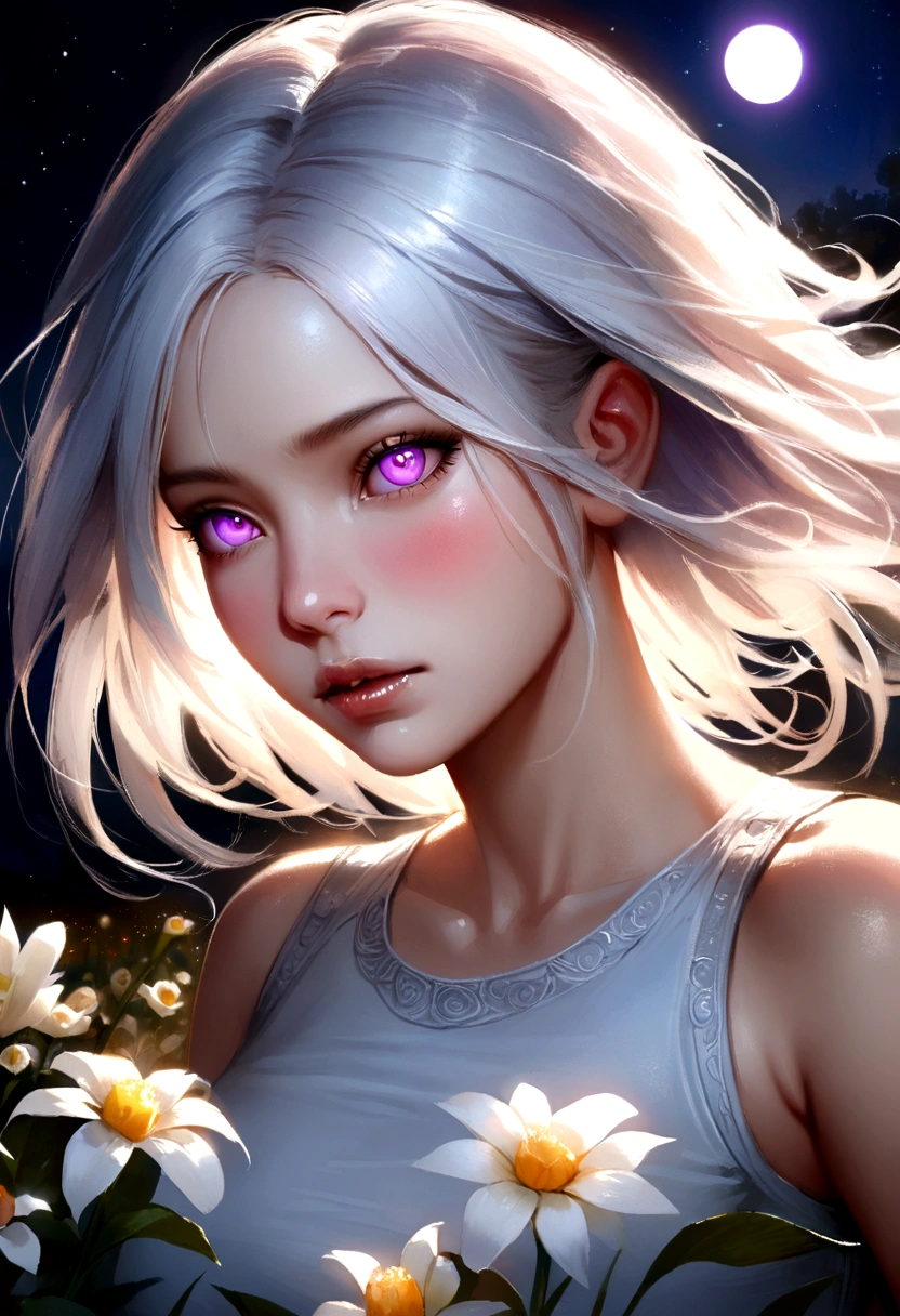 realistic, 1 girl, white hair, purple eyes, glowing eyes, crop top, skirt, Chapped lips, Blush, nighttime, flower, sun, sunlight,