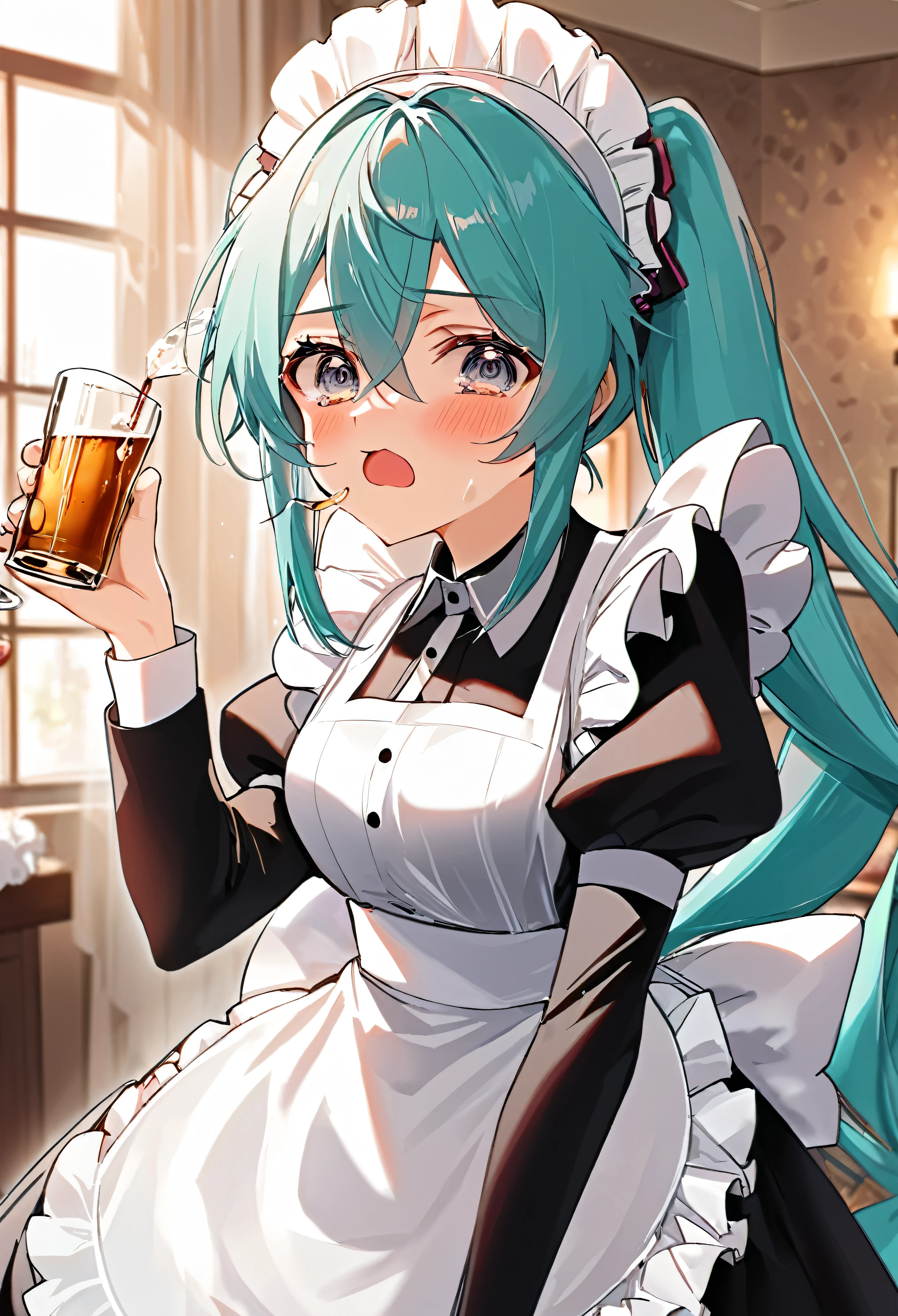 (((maid clothes)))), (((big)))), drunken eyes, Hatsune Miku,