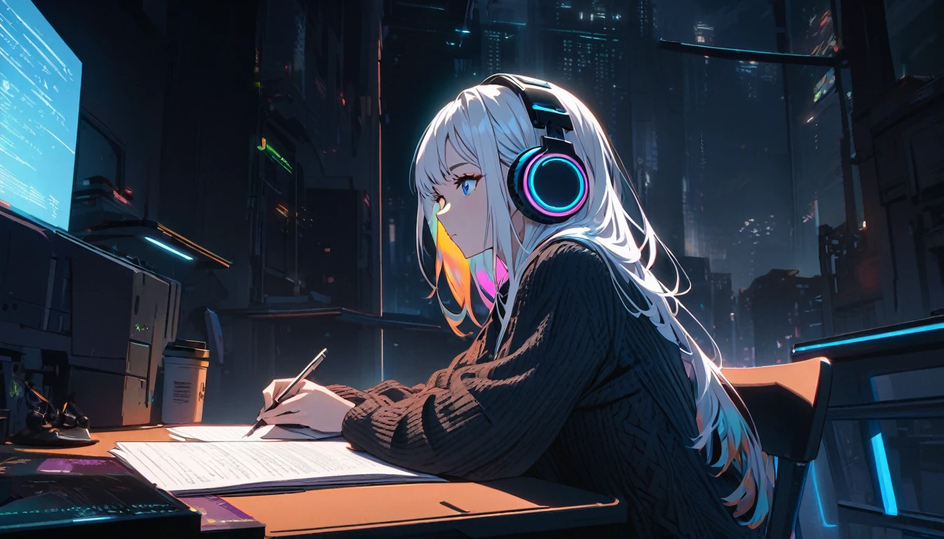 Handsome cute, Solitary, 1 female, Medium Length Hair, white hair, Rainbow hair, blue Eyes, Rainbow headphone, knit dress, Futuristic, Cyberpunk, Cybernetics panoramic, in the night, looking away, Sitting, studying, desk on the coffee,