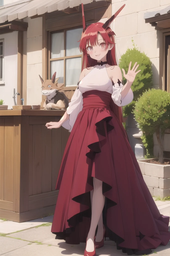 (masterpiece:1.3), (absurdres:1.3), (best quality:1.3), (ultra-detailed:1.3), full body, looking at viewer, smile, outdoors, (waving:1.2), tania-fi, dragon horns, dragon tail,  bare shoulders, white shirt, detached sleeves, choker, dress, red skirt, black legwear, shoes,