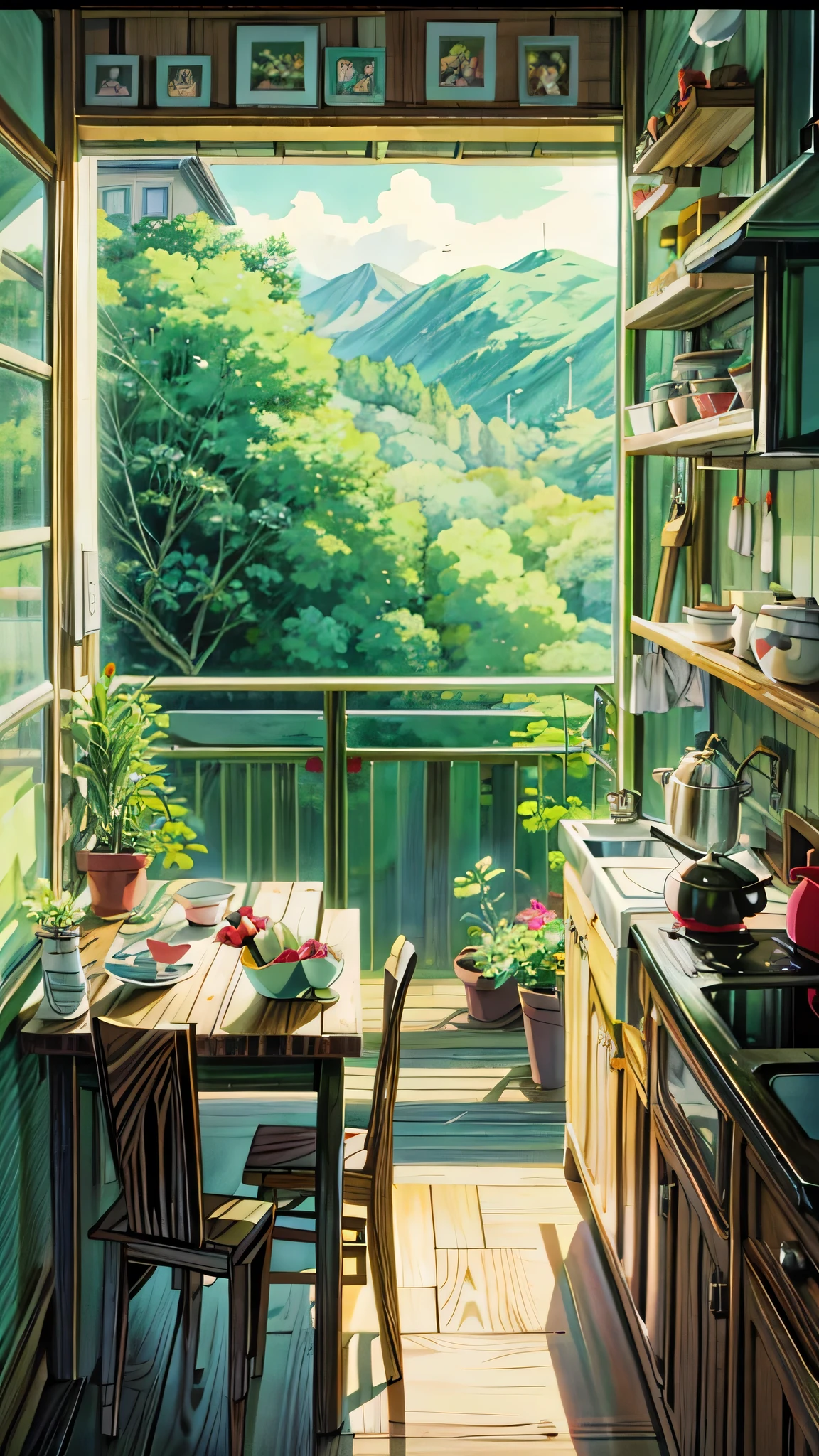 A painting,There is a table and some chairs in the painting, Windows with a view, Greenery, Potted plants, Kitchen on a sunny day, Kitchen background, Lovely kitchen, Japanese cartoons beautiful peace scene, clean detailed Japanese cartoons art, Japanese cartoons scenery, clean Japanese cartoons art, Warm home background, Japanese cartoons countryside landscape, Beautiful and detailed scenes, Japanese cartoons. by Shinkai Makoto, Shinkai Makoto. High Detail, Sunny day background, 4k HD,, Beautiful art UHD 4K, A beautiful artistic illustration, Beautiful digital painting, Highly detailed digital painting, Beautiful digital artwork, Detailed painting 4k, Highly detailed digital painting, The colors are brilliant and rich, Gorgeous numbers