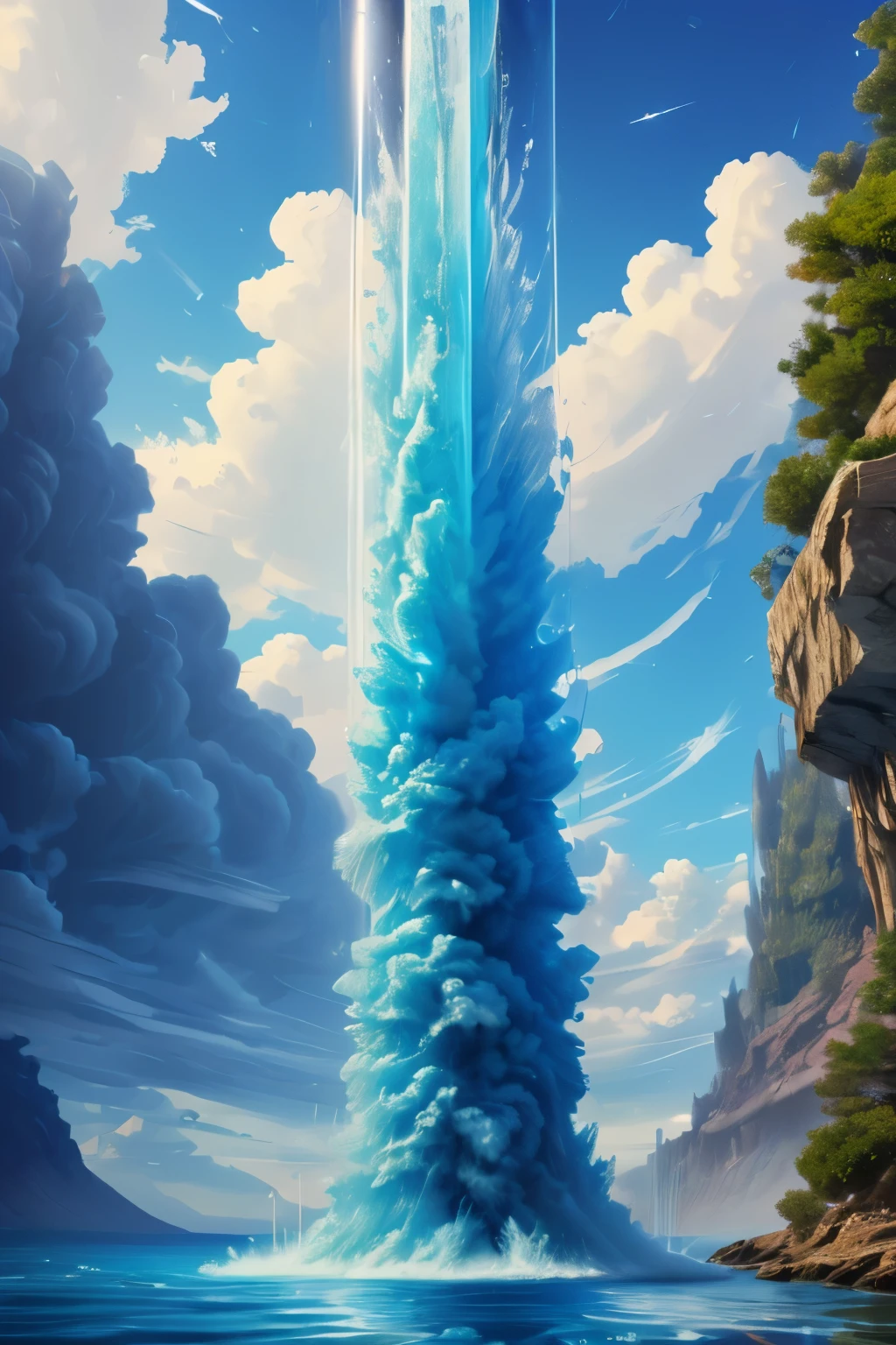 45° viewing angle，Blue water column，Upward gushing，Water column rising into the sky，Huge water column