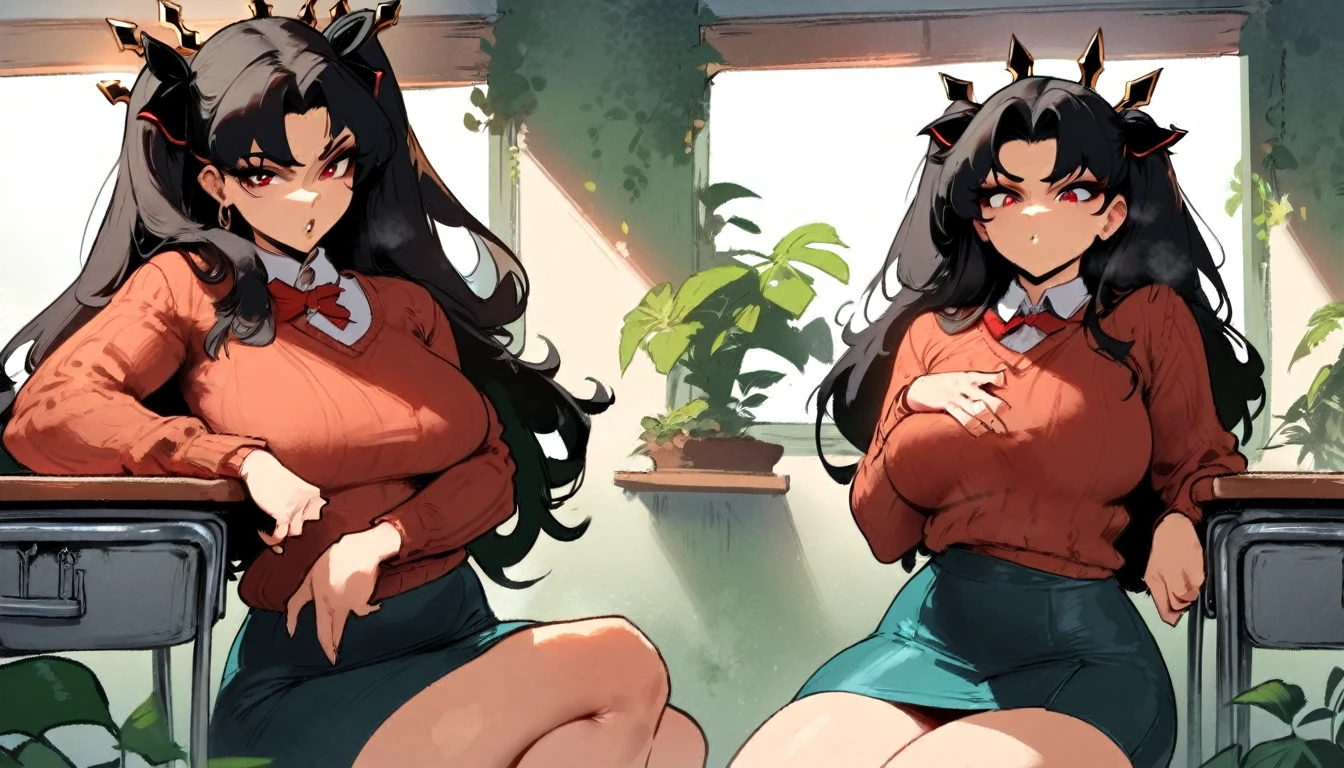 1girl, ishtar \(fate\), fate \(series\) \\\\\ masterpiece, best quality, very aesthetic, absurdres, newest \\\\\\ slim body,///// ,by nyantcha,cutesexyrobutts , by khyle,,////// beautiful face, sexy, red eyes, , at school, windows, greenery, sweater,skirt,at desk