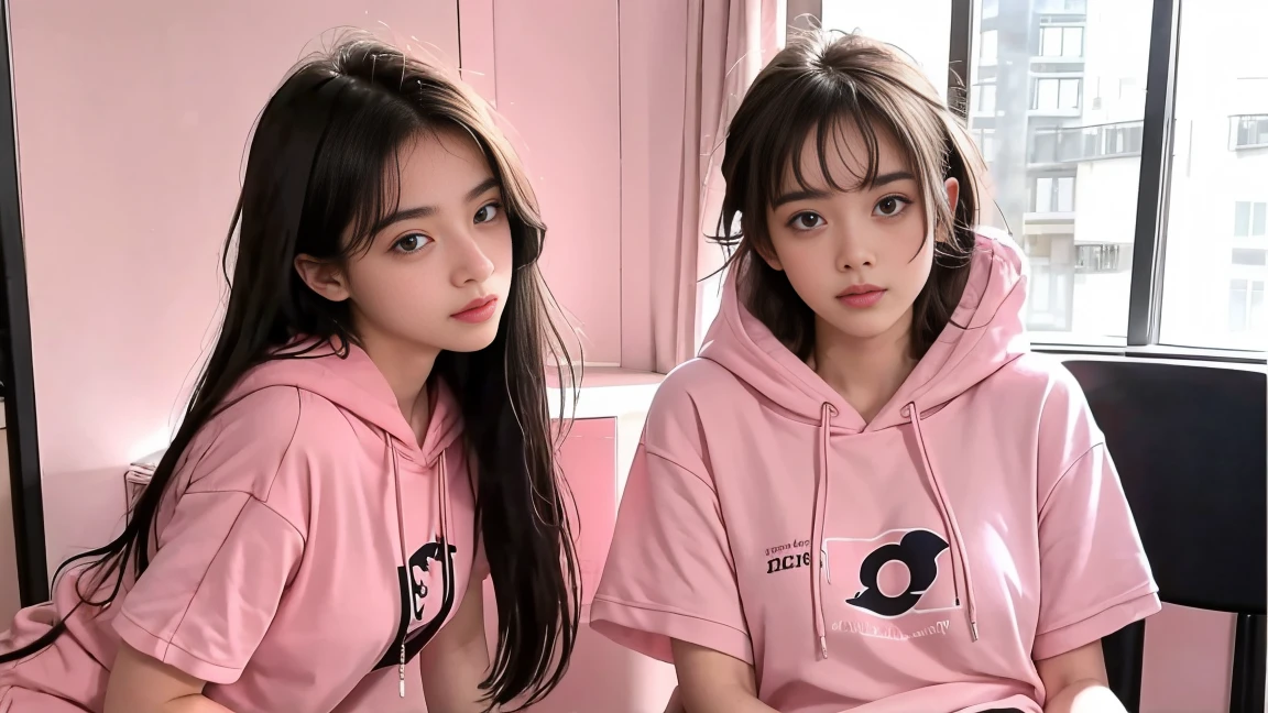 deux femmes ensemble de 18 ans sexy et mince , pink short sleeve hoodie , salle de classe, se touche,position sey,sensuel