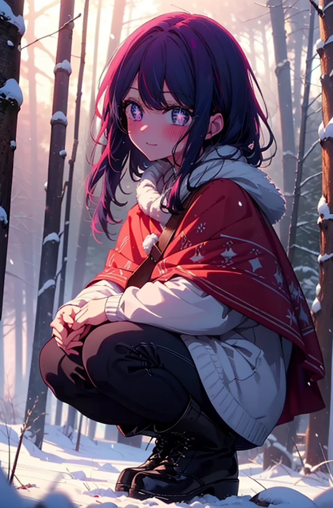 aihoshino, Ai Hoshino, Long Hair, bangs, (Purple eyes:1.1), Purple Hair, (Symbol-shaped pupil:1.5), smile,,smile,blush,White Breath,
Open your mouth,snow,Ground bonfire, Outdoor, boots, snowing, From the side, wood, suitcase, Cape, Blurred, , forest, White handbag, nature, Squat, Mouth closed, Cape, winter, Written boundary depth, Black shoes, red Cape break looking at viewer, Upper Body, whole body, break Outdoor, forest, nature, break (masterpiece:1.2), Highest quality, High resolution, unity 8k wallpaper, (shape:0.8), (Beautiful and beautiful eyes:1.6), Highly detailed face, Perfect lighting, Extremely detailed CG, (Perfect hands, Perfect Anatomy),