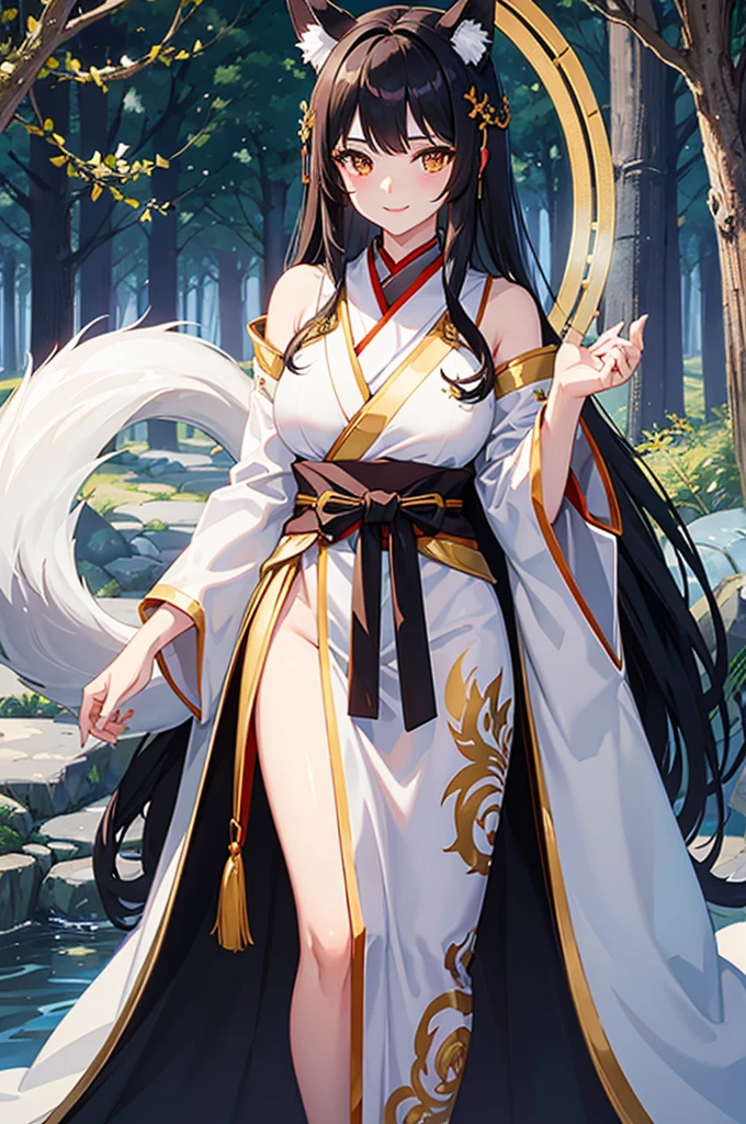Dark hair golden eyes、Fox ears and fox tail、A seductive smile、Sacred countenance、8-year-old girl、White kimono、night、forest、Upper Body
