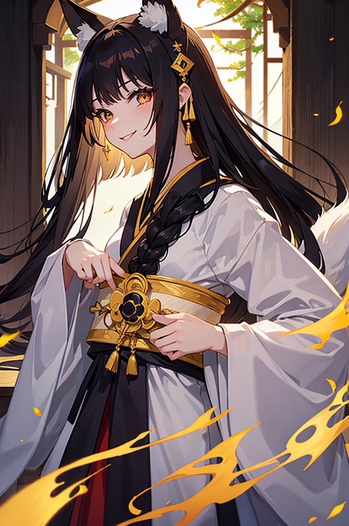 Dark hair golden eyes、Fox ears and fox tail、A seductive smile、Sacred countenance、8-year-old girl、White kimono、night、forest、Upper Body