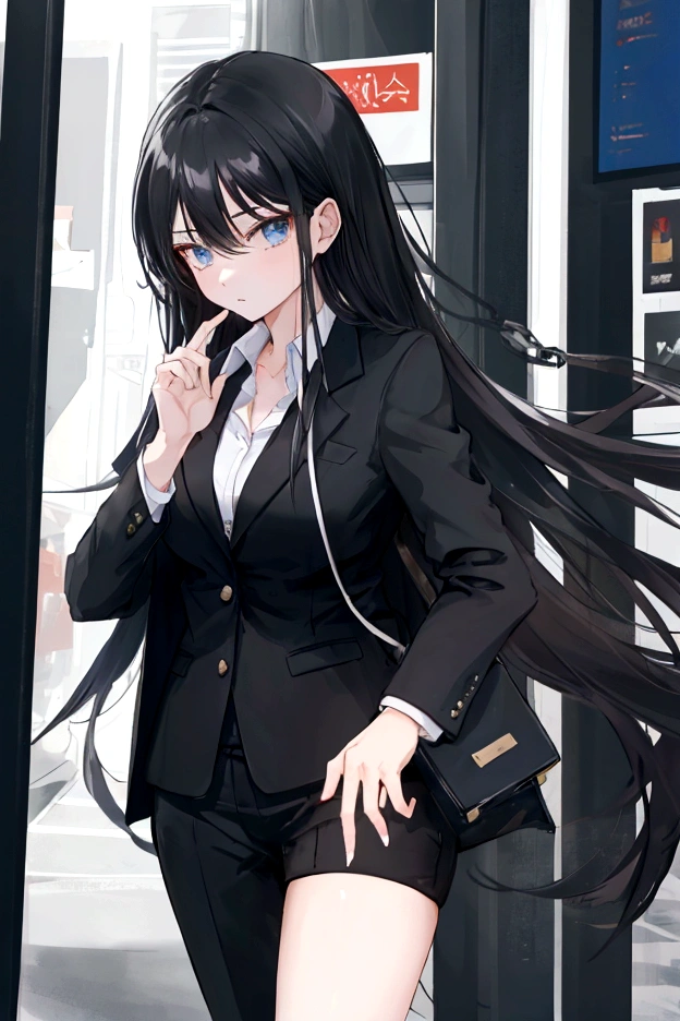 Girl with long black hair, in a business suit, talking on the phone