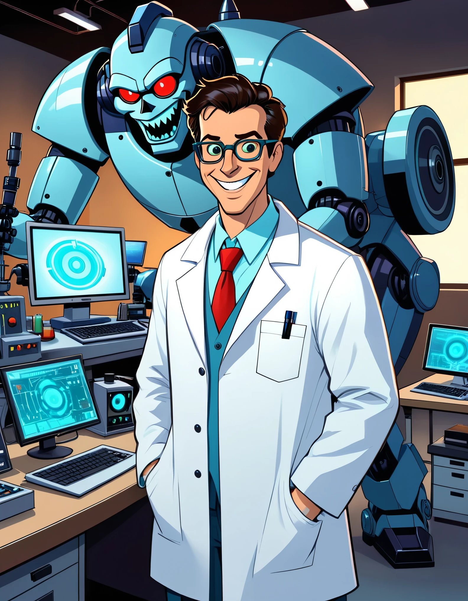 1man, masterpiece, best quality, hires, mad scientist, dark brown hair, cartoon eyes, hazel eyes, white lab coat, cyan shirt, red necktie, glassess, dark blue slacks, bown shoes, goofy cartoon style, holding computer tablet, evil grin, smile, laboratory with computers, giant robot in the backdrop, hyper genius, inventor, indoors, villain.
