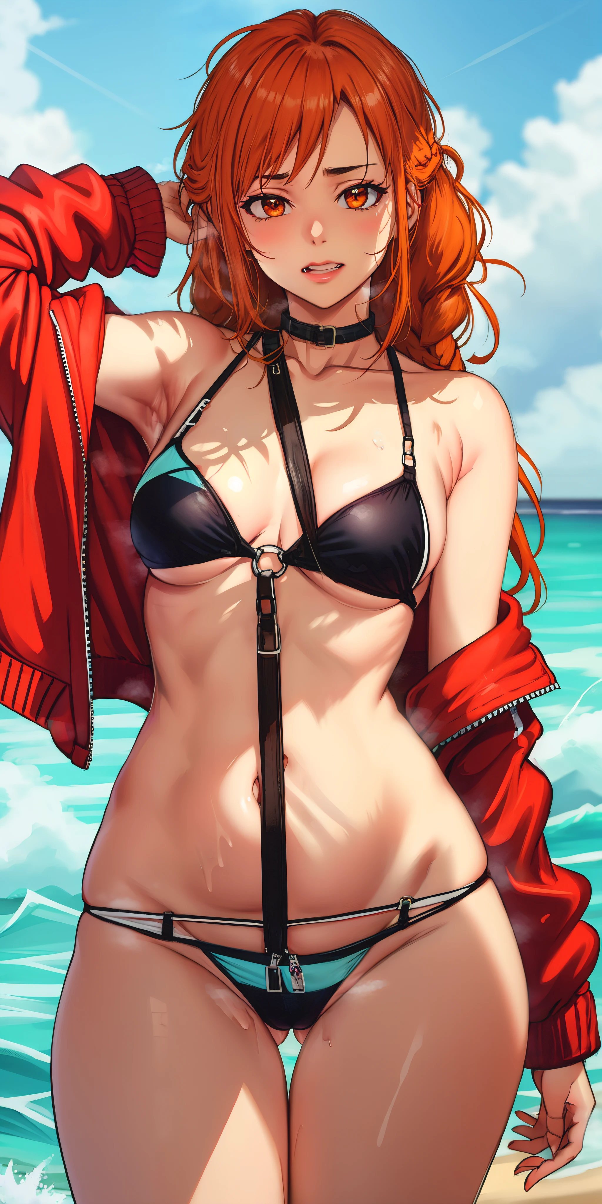 orange hair, fold, braid, long hair, orange eyes, 1girl,swimsuit, jacket, red_jacket, breasts, bikini, navel, ass_visible_through_thighs, looking_at_viewer, o-ring, sky, choker, thigh_gap, outdoors, solo, cloud, day, collarbone, multi-strapped_bikini, black_bikini, bare_shoulders, open_jacket, open_clothes, off_shoulder, cowboy_shot, black_choker, blue_sky, ocean, cleavage, skindentation, lips, medium_breasts, water, stomach, beach, track_jacket, steaming face, steaming, 