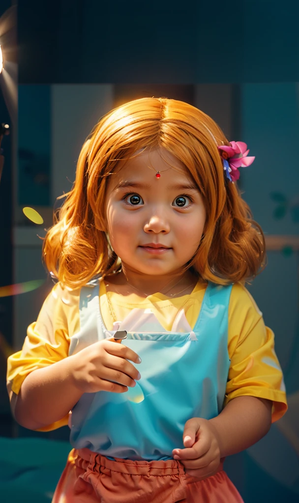 The image shows a super cute with blinde hair, wearing a yellow t-shirt anh turquoise top, and a red skirt, cute , baby girl, smooth 3d model, glossy plastic texture, multiple light sources, rim light, sharp post effects render, most beautiful vfx, , realistic, 4k, high resolution, rim light, smooth 3d model. , glossy texture, smooth 3d model, multiple light sources, rim light, sharp post effects render, (glossy plastic texture with multiple big light probe refractions), perfect cgi, reflective, best quality, 4k, masterpiece:1.2, ultra-detailed, realistic, vivid colors, The image of the highest quality, ensuring every detail showcased perfectly. It in 4k resolution, allowing viewers to immerse themselves in the richness of the colors and intricate details. The realistic rendering. under the spotlight, reflecting, high-resolution image, realistic rendering
