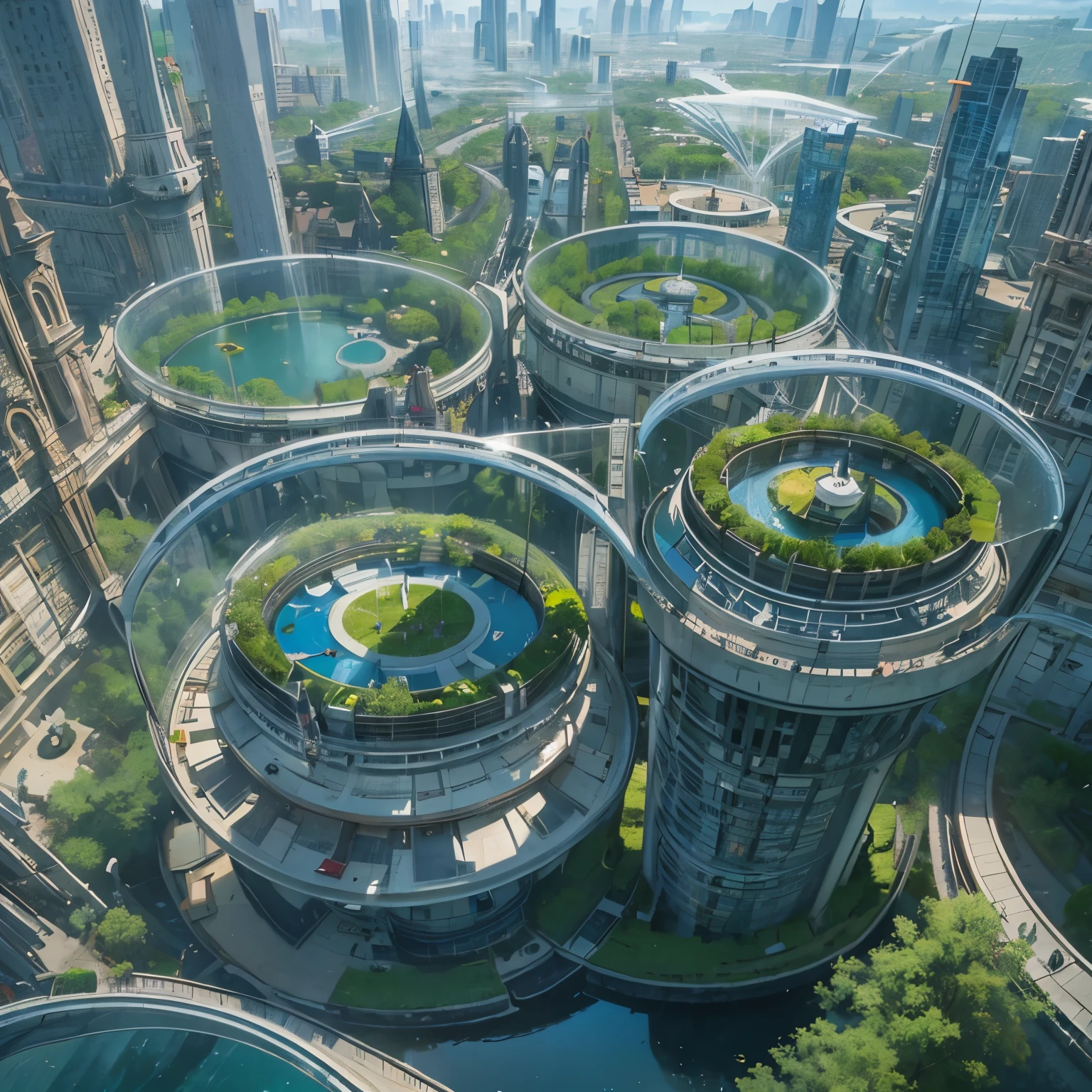 best quality,4K,8K,high resolution,masterpiece,Extremely detailed,未来派Floating City,future technology,Four circular suspended gardens(Open),Garden full of colorful flowers,Various flowers,Four gardens in four corners of the same floor,The flower bed is blue-gray,Transparent aerial sprinkler pipes,The sprinkler system is spraying water to the garden,Water mist,rainbow,futuristic city,Cyber Future,Sci-fi style,Rich in greenery,Birdsong and Flowers,Fresh and bright,Sunlight,Blue sky and white clouds,Floating City,future technology,Floating in the air,Bird's-eye view