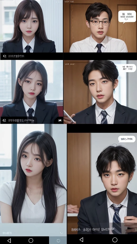  (high quality), (SFW:1.2), split screen, delinquent, Mature high school girl and Korean adult man enjoying smartphone chatting app, Her smartphone display shows a number of adult Korean men having a conversation with a high school girl..., Chat language is English., The men are waiting for her reaction, pop-up window, there&#39;still, The man is asking her to chat on his smartphone screen. Chat takes place alternately between women and men....