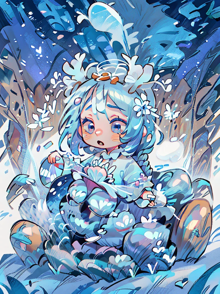 chibi, masterpiece, best quality, extremely detailed, detailed background, detailed face, 1girl, solo, pale skin, long blue hair which each strands were being lifted up by butterflies, deer ears, white deer horns, white dress, blue flower, magical theme, forest theme.