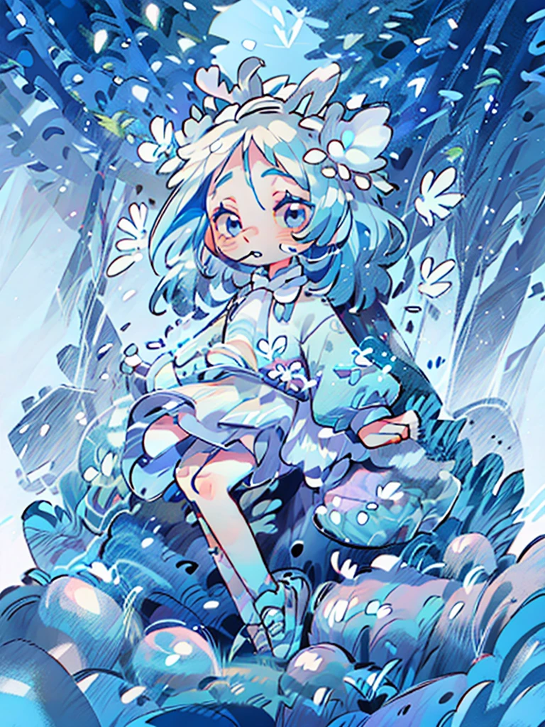 chibi, masterpiece, best quality, extremely detailed, detailed background, detailed face, 1girl, solo, pale skin, long blue hair which each strands were being lifted up by butterflies, deer ears, white deer horns, white dress, blue flower, magical theme, forest theme.