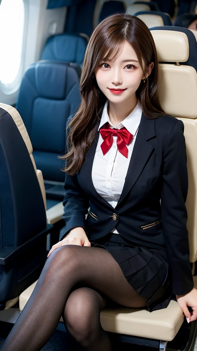 highest quality、table top、8k、best image quality、Award-winning work)、one beautiful woman、radiant beautiful skin , masterpiece、top-quality、The ultra -The high-definition、depth of fields、lens flare 1 girl、、brown hair、watching at viewers glares, large breasts , stewardess uniform, ( stewardess blazer:1.2), black short skirt, (black ysl high heels), perfect legs, sitting , crossed legs, view from below, smiling , flight cabin, pantyhose
