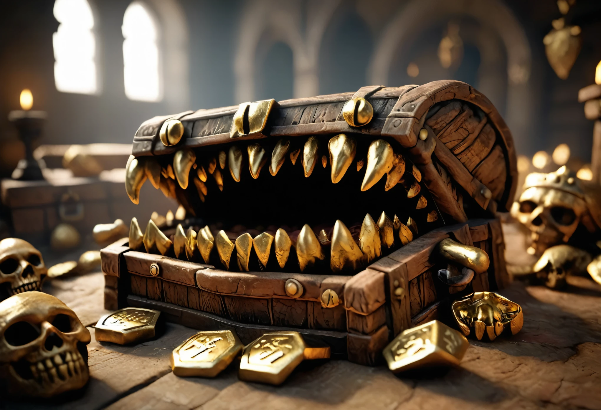 
highly detailed horror photo of a ((mimic):1.0 near a pile of treasures chests):1.3  in a creepy empty stone medieval room filled with chests and piles of gold,

solo, open mouth, teeth, no humans, sharp teeth, 

hiding amidst other treasure chests, multiple chests, 


depth of field:1.2, blurry, blurry background,
realistic:1.3,

photorealistic,
fantasy, cinematic,
32k, best quality, 
shadow play:1.1,
light and dark,




