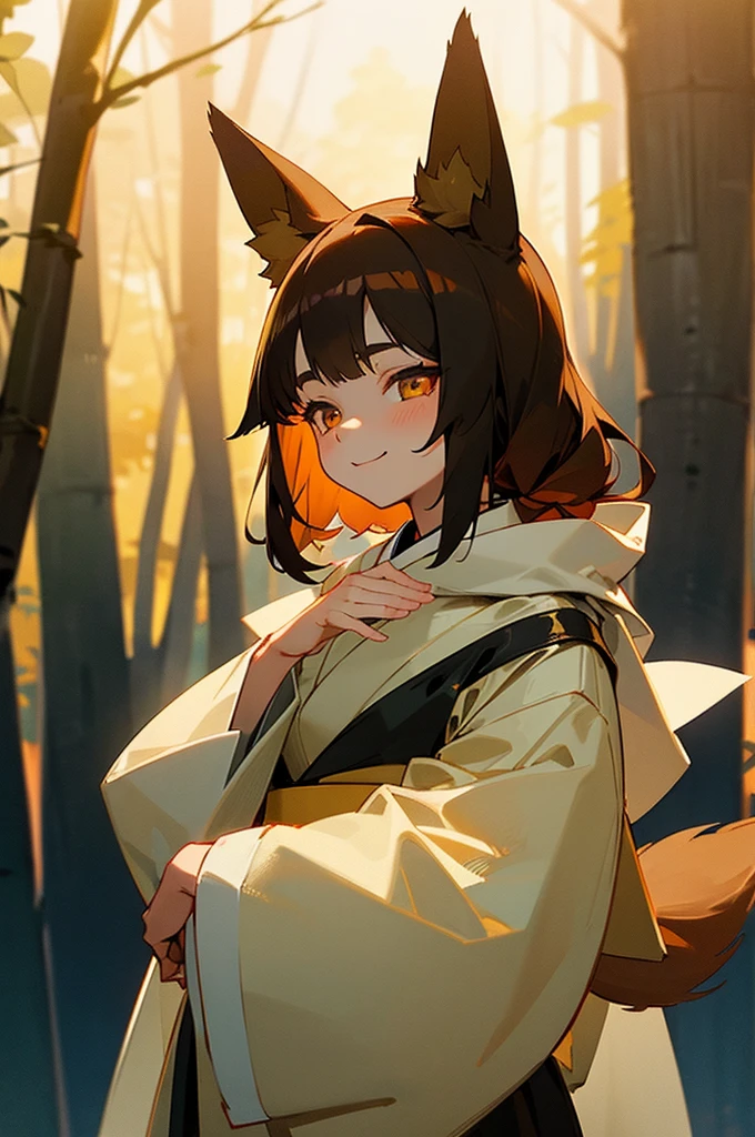 Dark hair golden eyes、Fox ears and fox tail、A seductive smile、Sacred countenance、8-year-old girl、White kimono、night、forest、Upper Body