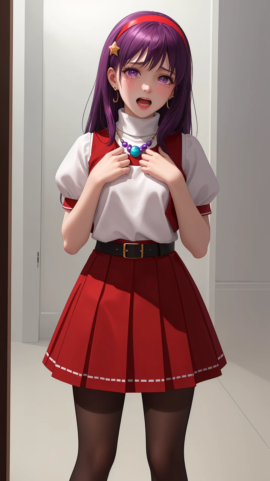 masterpiece,best quality,detailed,white theme,extreme detailed,colorful,highest detailed,masterpiece,best quality,highly detailed,athena97,1girl,cowboy shot,solo,standing,open mouth,crying,purple eyes,purple hair,straight hair,white earrings,red hairband,star hair ornament,medium breats,red vest,white turtleneck,white puffy sleeves,short sleeves,red pleated skirt,(deep red pantyhose:1.2),black pantyhose,yellow belt,purple sphere shape necklace,white short socks,(Hands on own chest,:1.2),