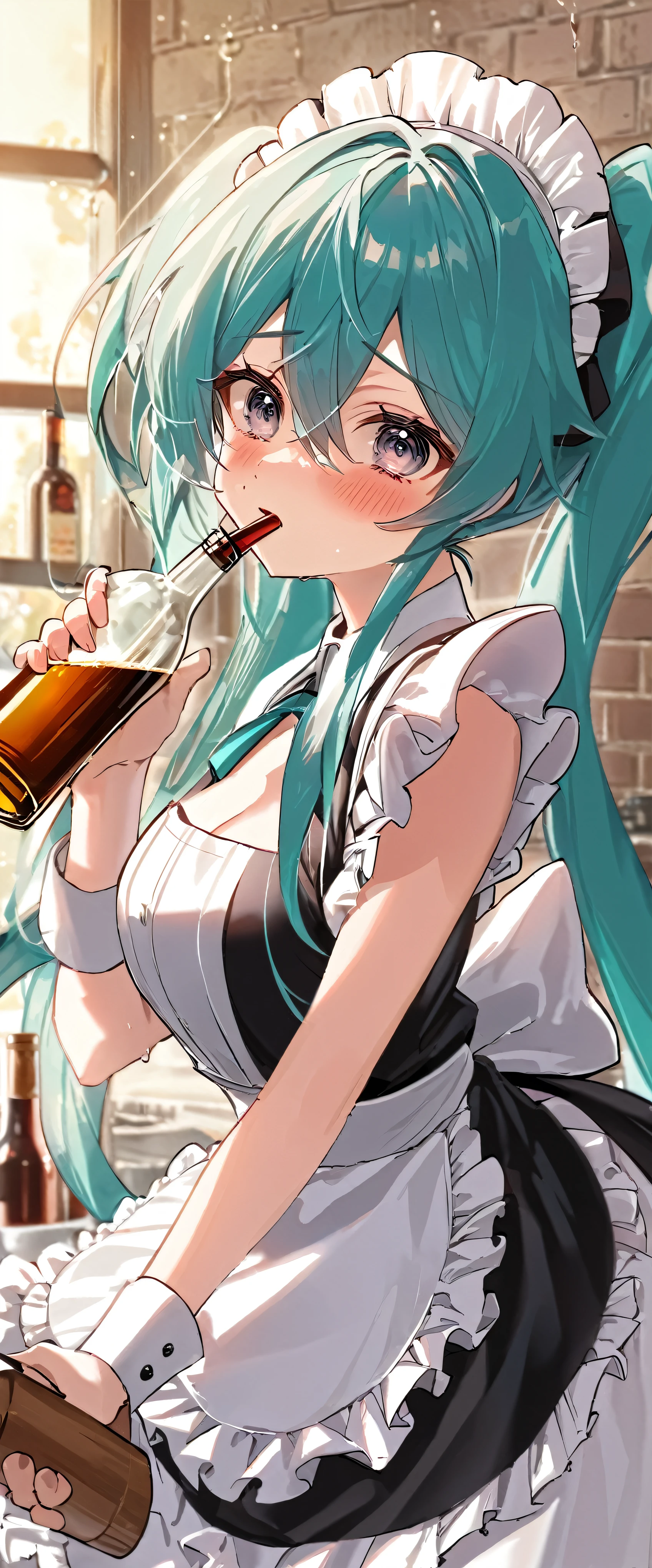 (((maid clothes)))), (((big)))), drunken eyes, Hatsune Miku,