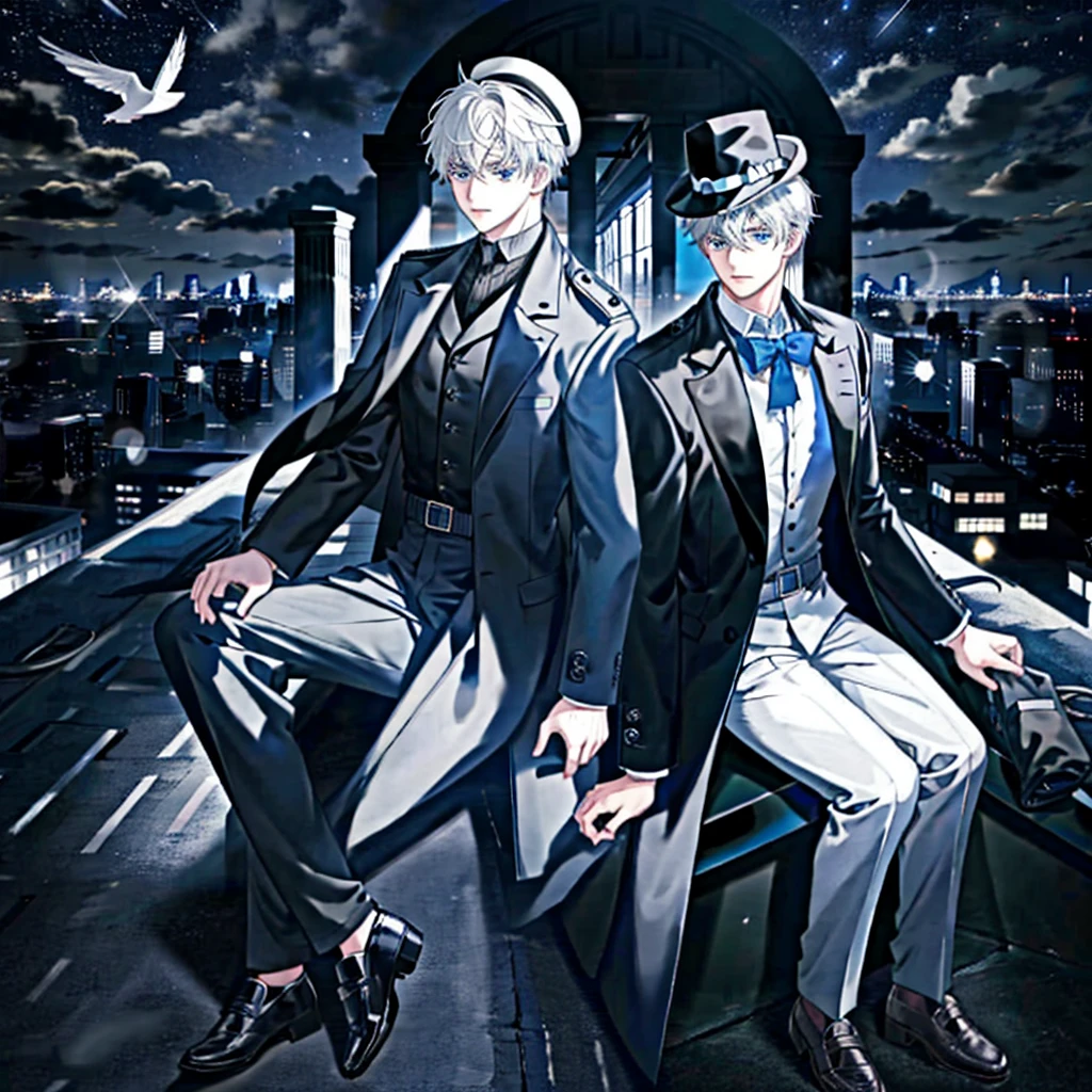 Young man with short white hair wearing a black detective hat. Has blue eyes, wears a black-gray coat and black pants. Sitting on the school roof looking at the dark night sky.